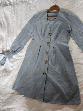 ASOS Blue Button-Front Long Sleeve Dress With Sleeve Ties